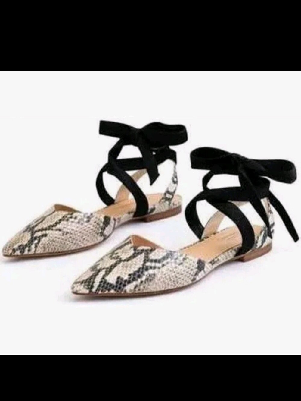 Schutz Barbrah Flat Snakeskin Ankle Wrap Pointed Toe Shoes Natural Black 8.5B